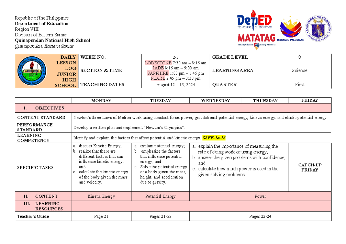 DLL W2-3 - Daily Lesson Log Week 2-3 Science 8 Q1 - Republic of the ...