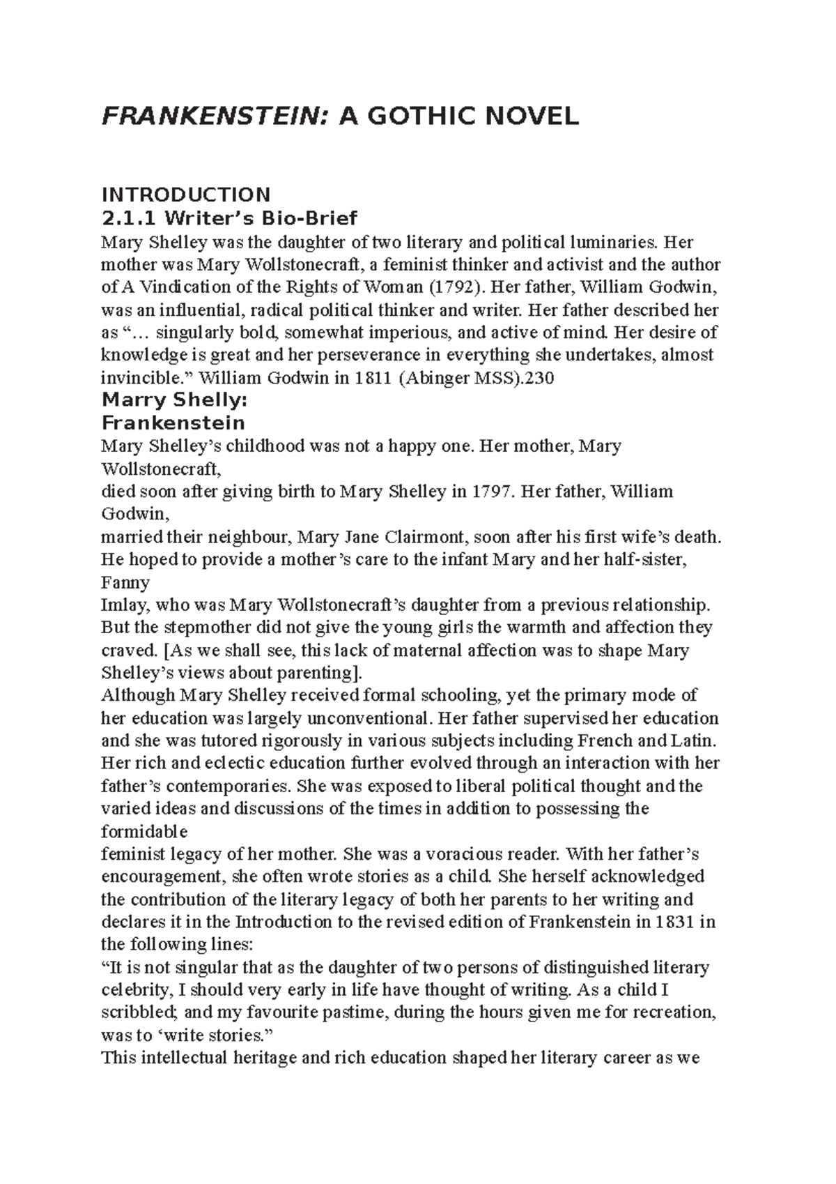 Frankenstein A Gothic Novel FRANKENSTEIN A GOTHIC NOVEL INTRODUCTION