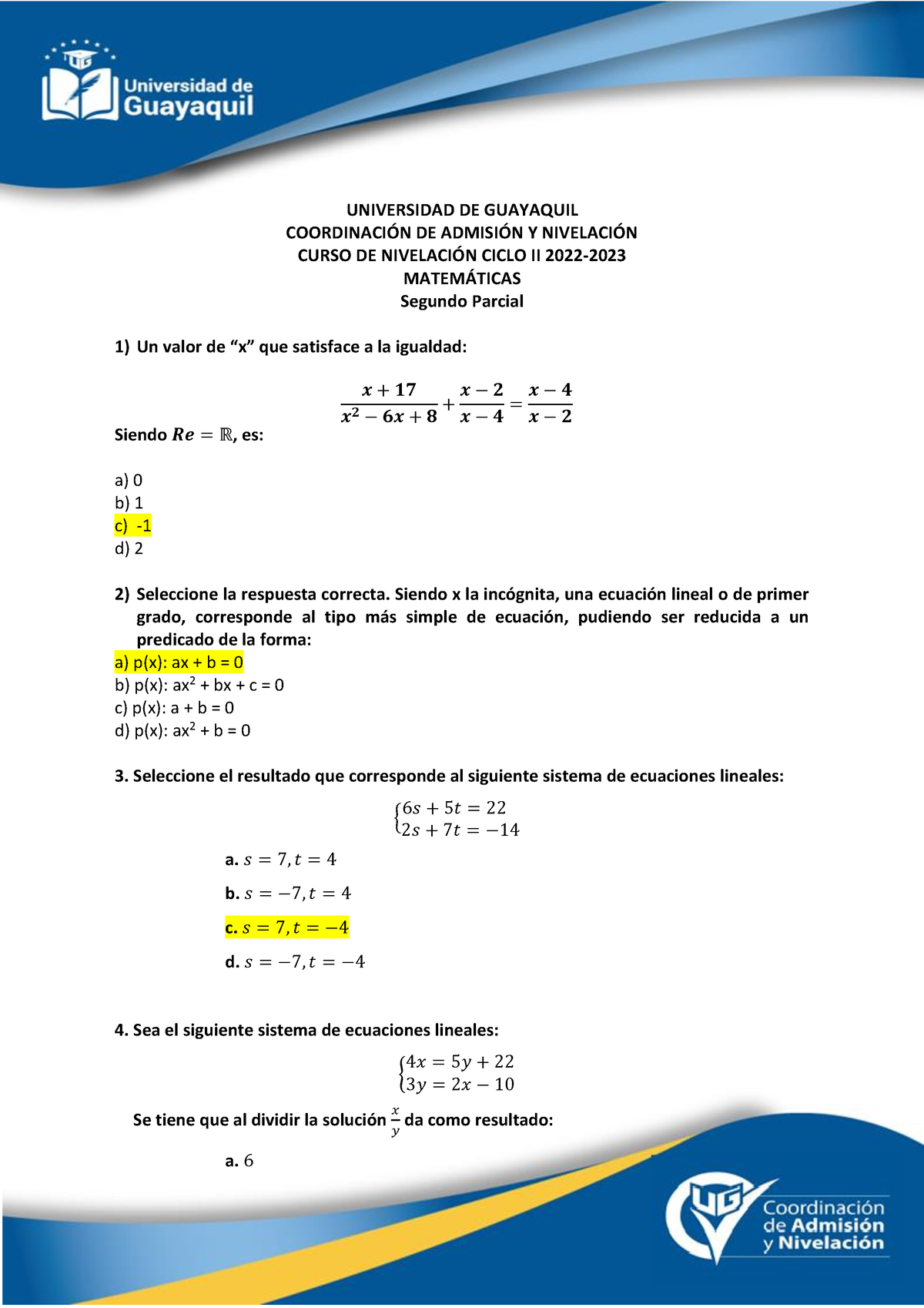 II Parcial - Matemáticas - UNIVERSIDAD DE GUAYAQUIL COORDINACI”N DE ...