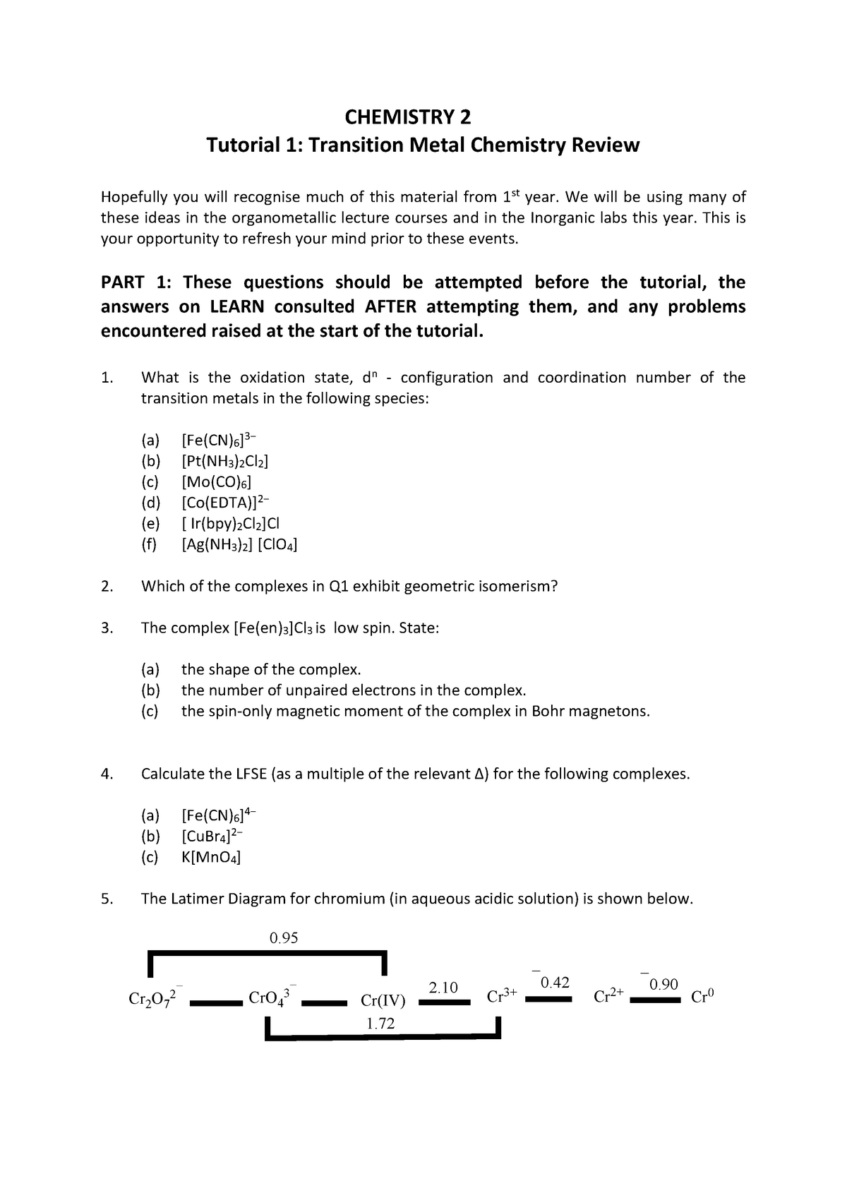 Tutorial 1 - Transition Metal Chemistry Question - CHEMISTRY 2 Tutorial ...