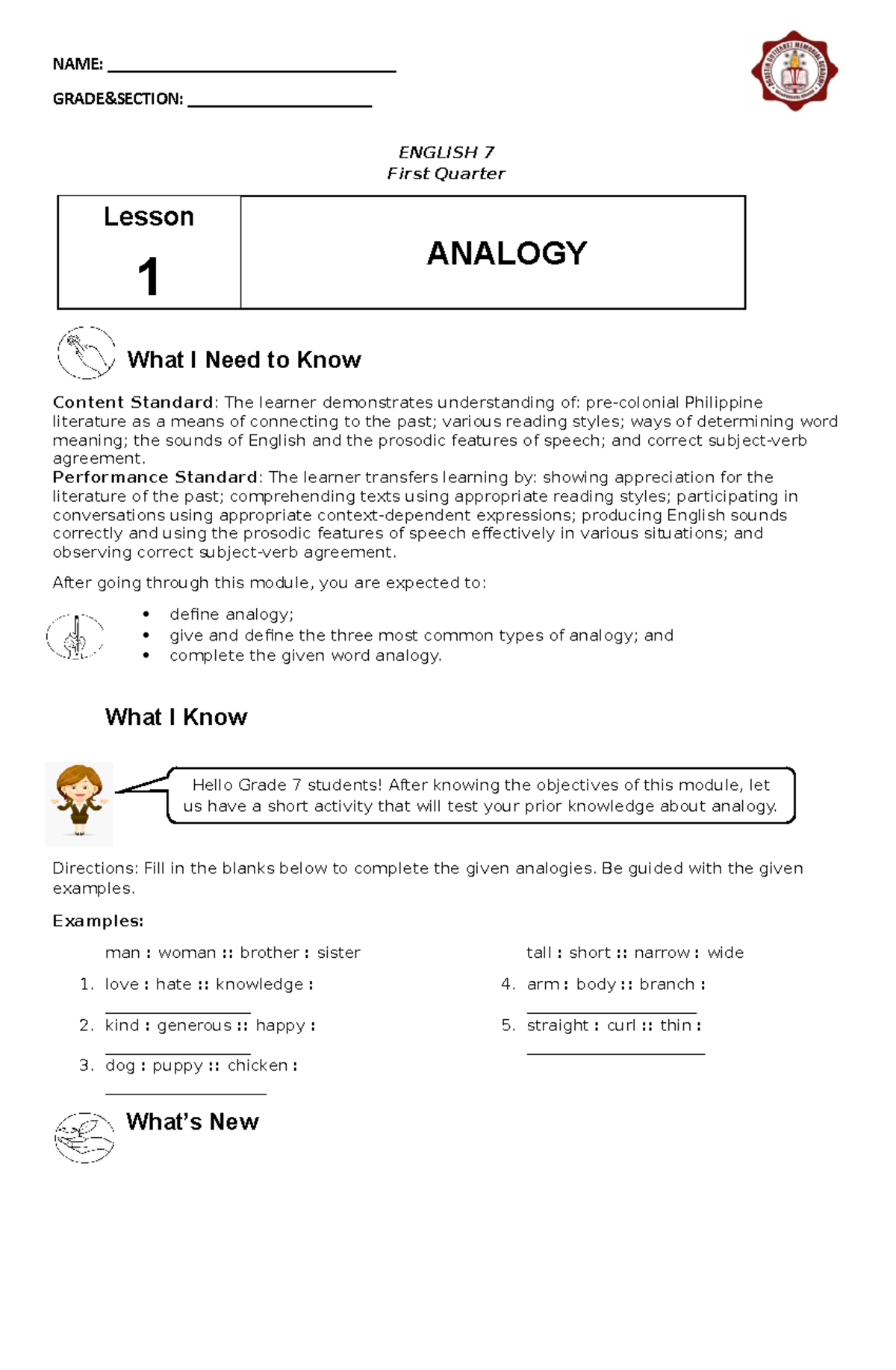 Module 1 Analogy NAME _________________________________ GRADE
