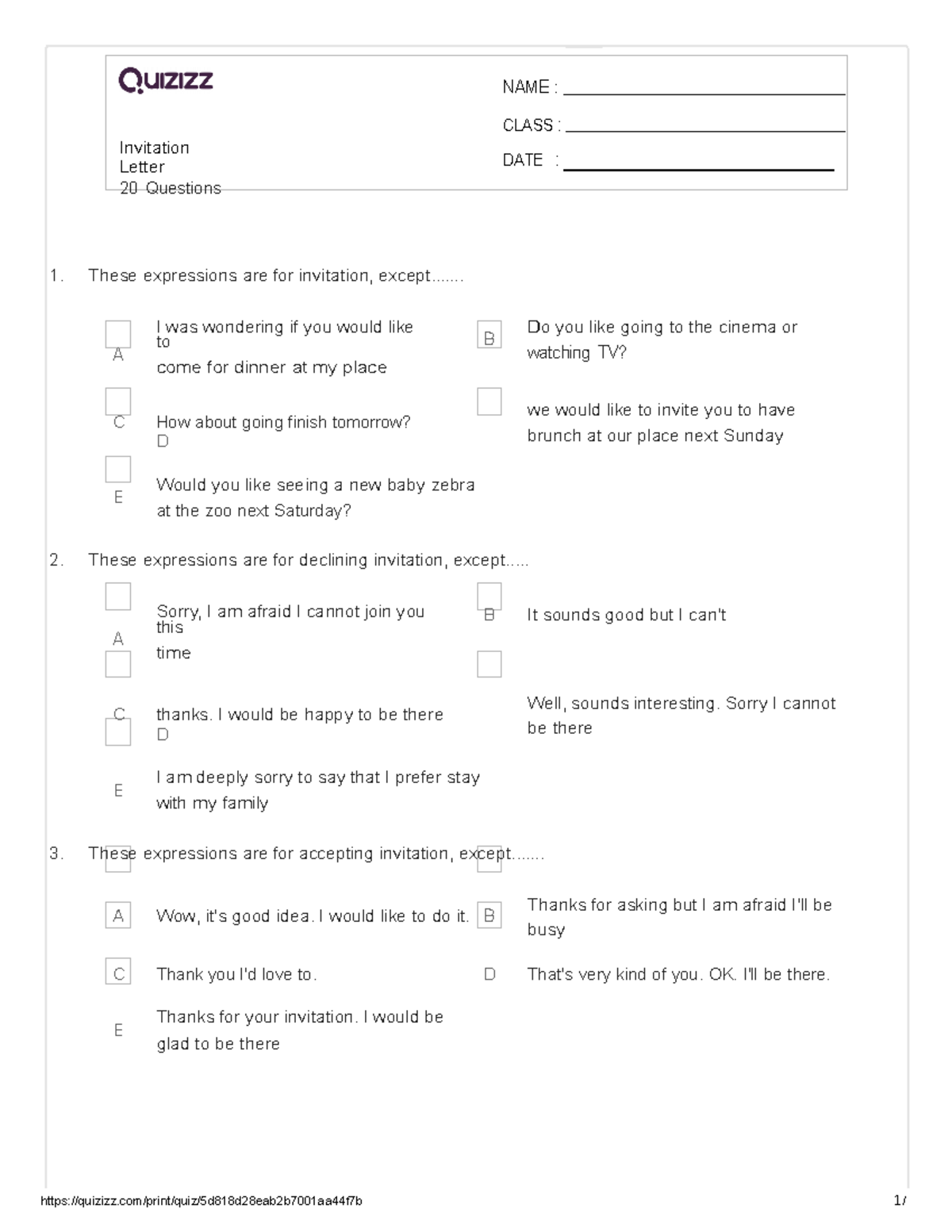 Invitation Letter use quizizz/print/quiz/5d818d28eab2b7001aa44f7b 1