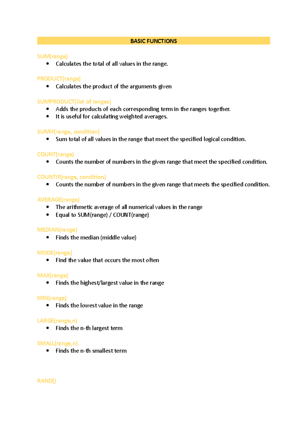 Basic Functions - notes - BASIC FUNCTIONS SUM(range) Calculates the ...