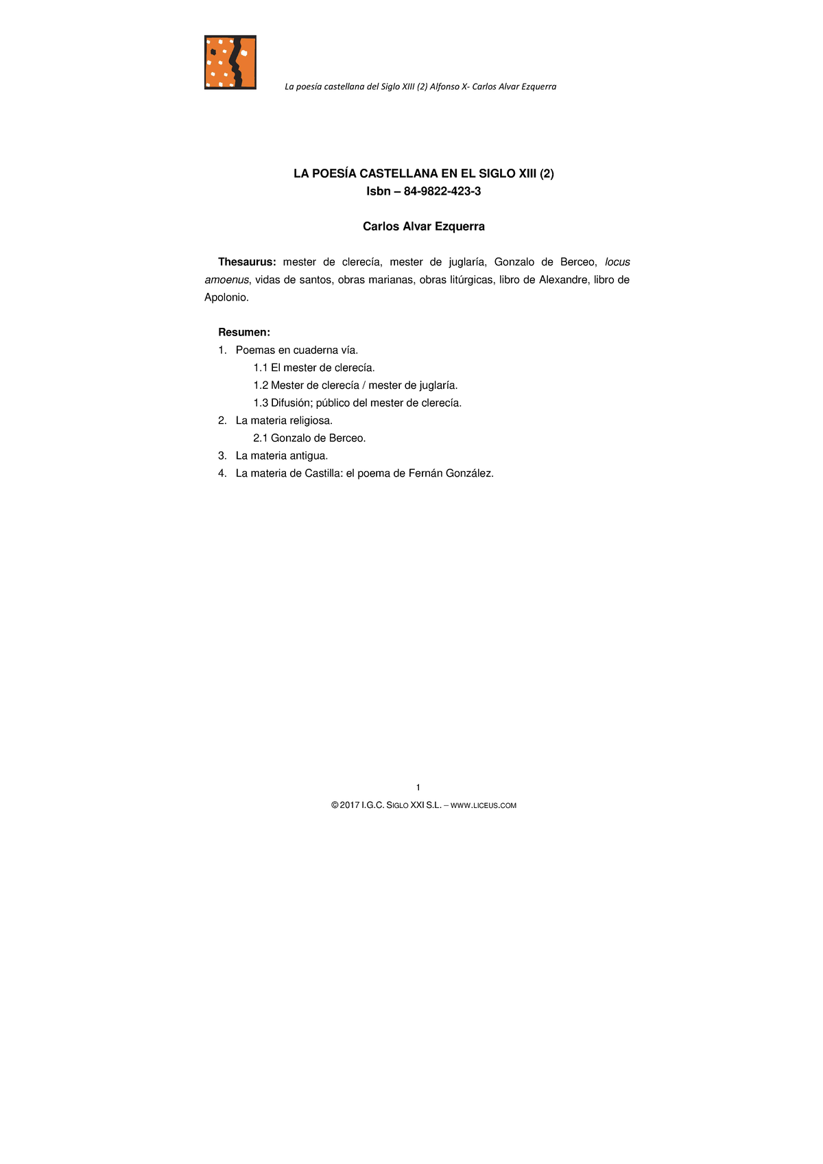 La Poesía Castellana En El Siglo Xiii 1 La Poesía Castellana En El
