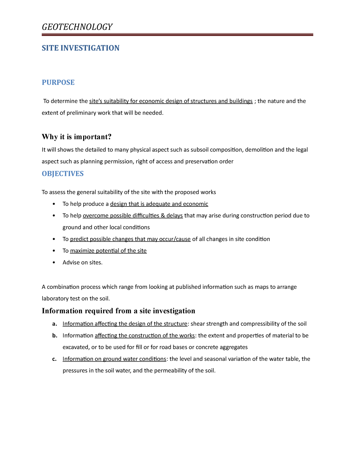 Geotech 1 Site investigation Notes - SITE INVESTIGATION PURPOSE To ...
