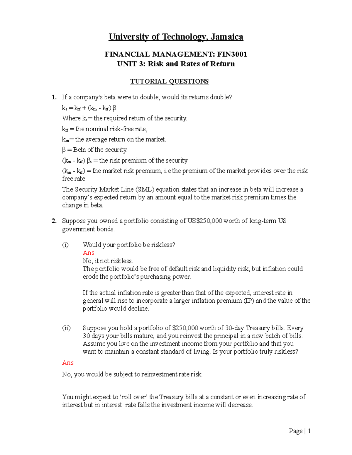Fin Man Unit 3 Tutorial-Risk and Return Revised Aug2021 - Page | 1 ...