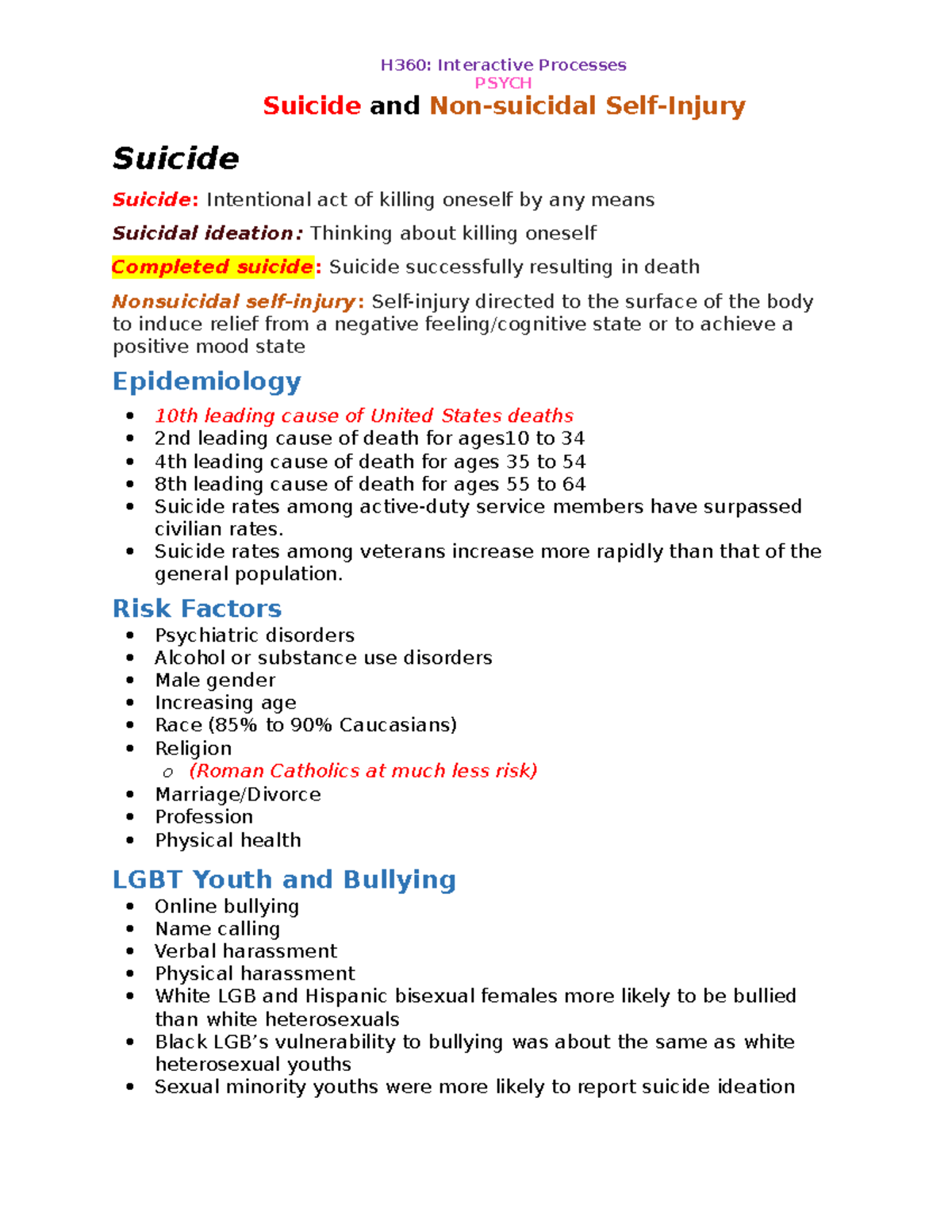 Psych-Week 3 notes-Suicide - PSYCH Suicide and Non-suicidal Self-Injury ...