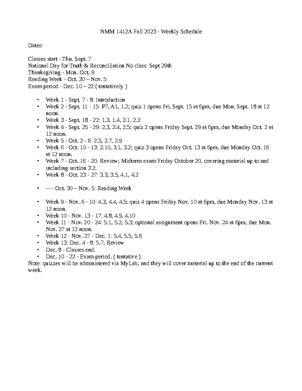 Nmm1412 Calculus Schedule - NMM 1412A Fall 2023 - Weekly Schedule Dates ...
