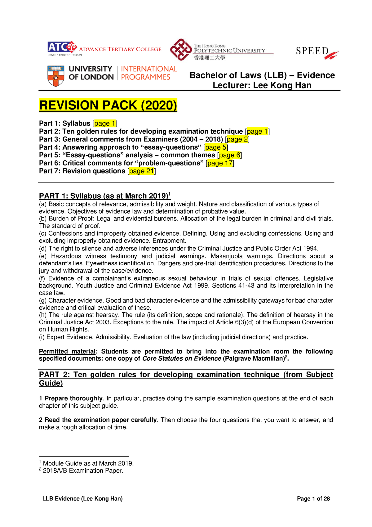 Evidence - Revision Pack (2020) - Bachelor Of Laws (LLB) – Evidence ...