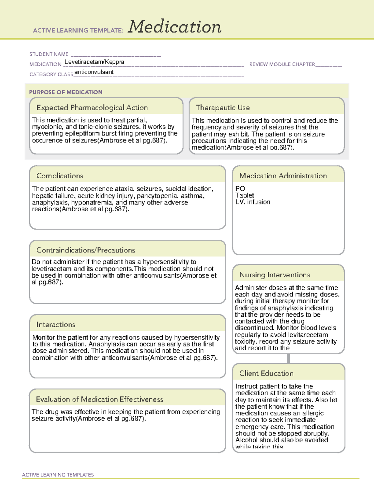 Medication keppra over ACTIVE LEARNING TEMPLATES Medication STUDENT