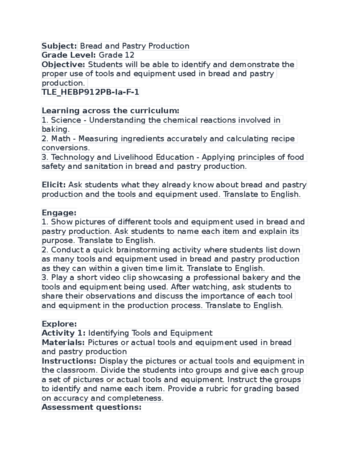 BPP DLP Guide lessons Subject Bread and Pastry Production Grade