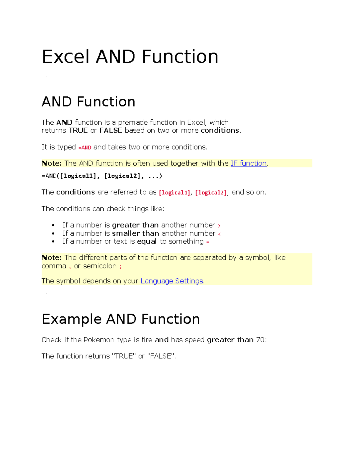Excel and function excel and function and function the and function