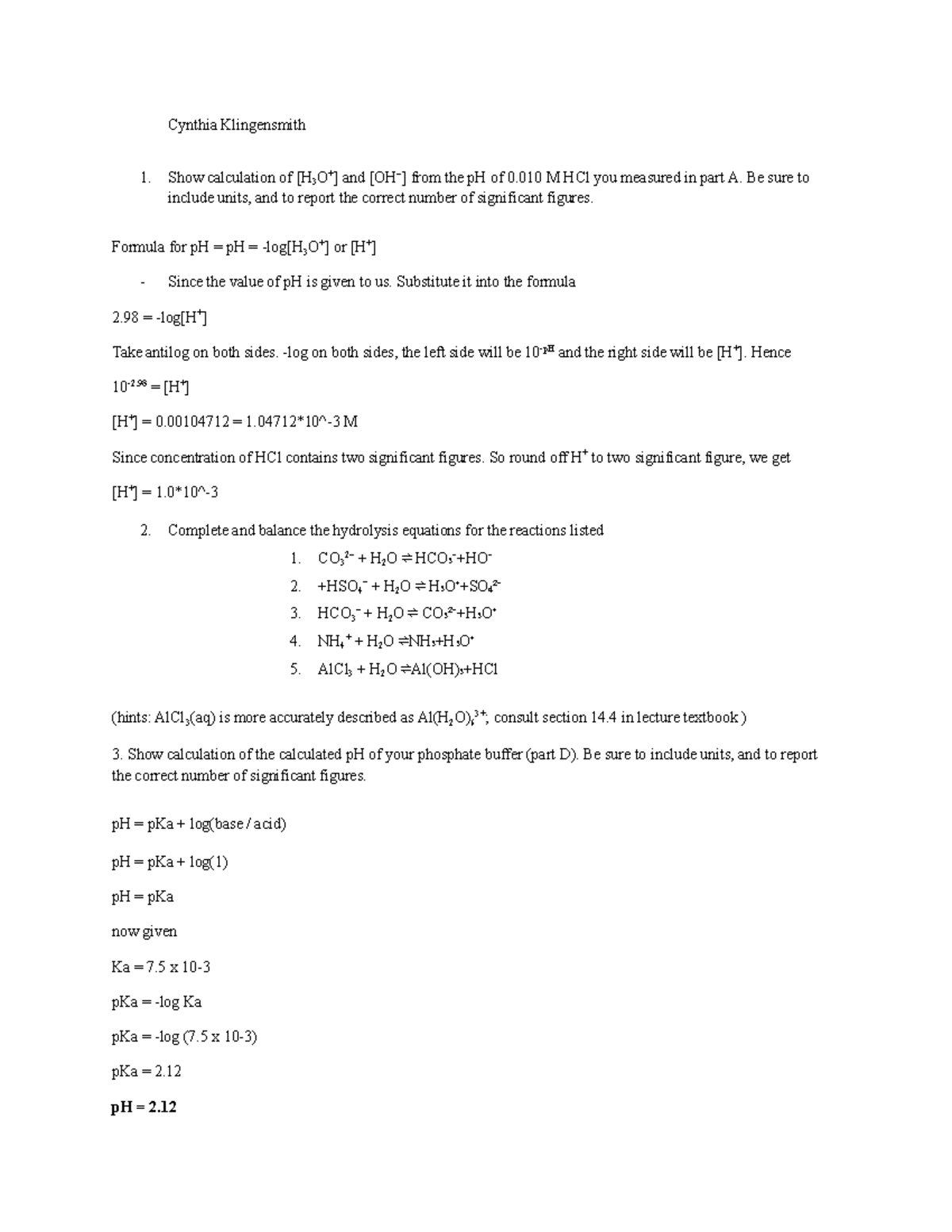 Lab 7 Acids, Bases, Salts, and Buffer Solutions Post lab questions