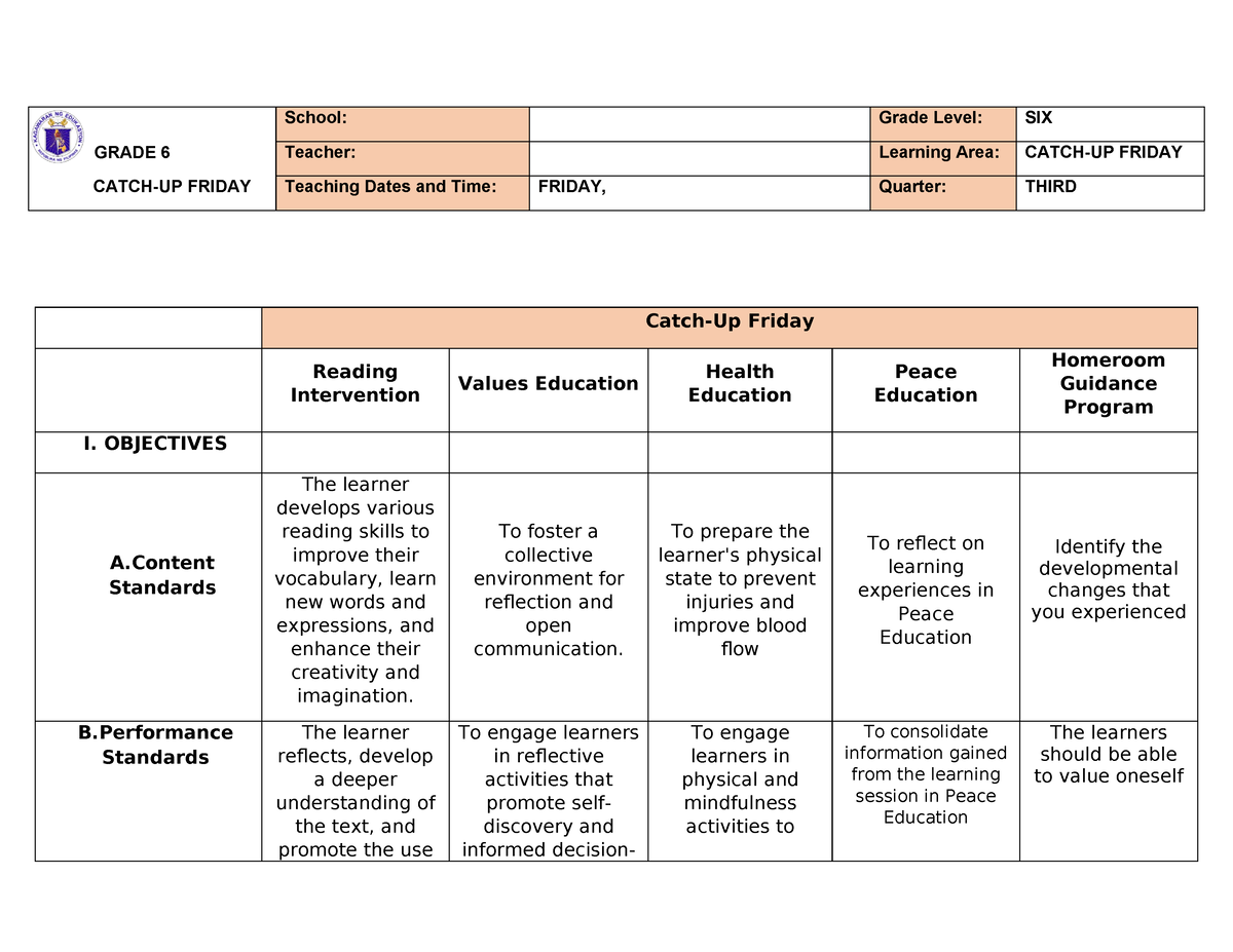 DLL Catch UP Friday Grade 6 GRADE 6 CATCHUP FRIDAY School Grade
