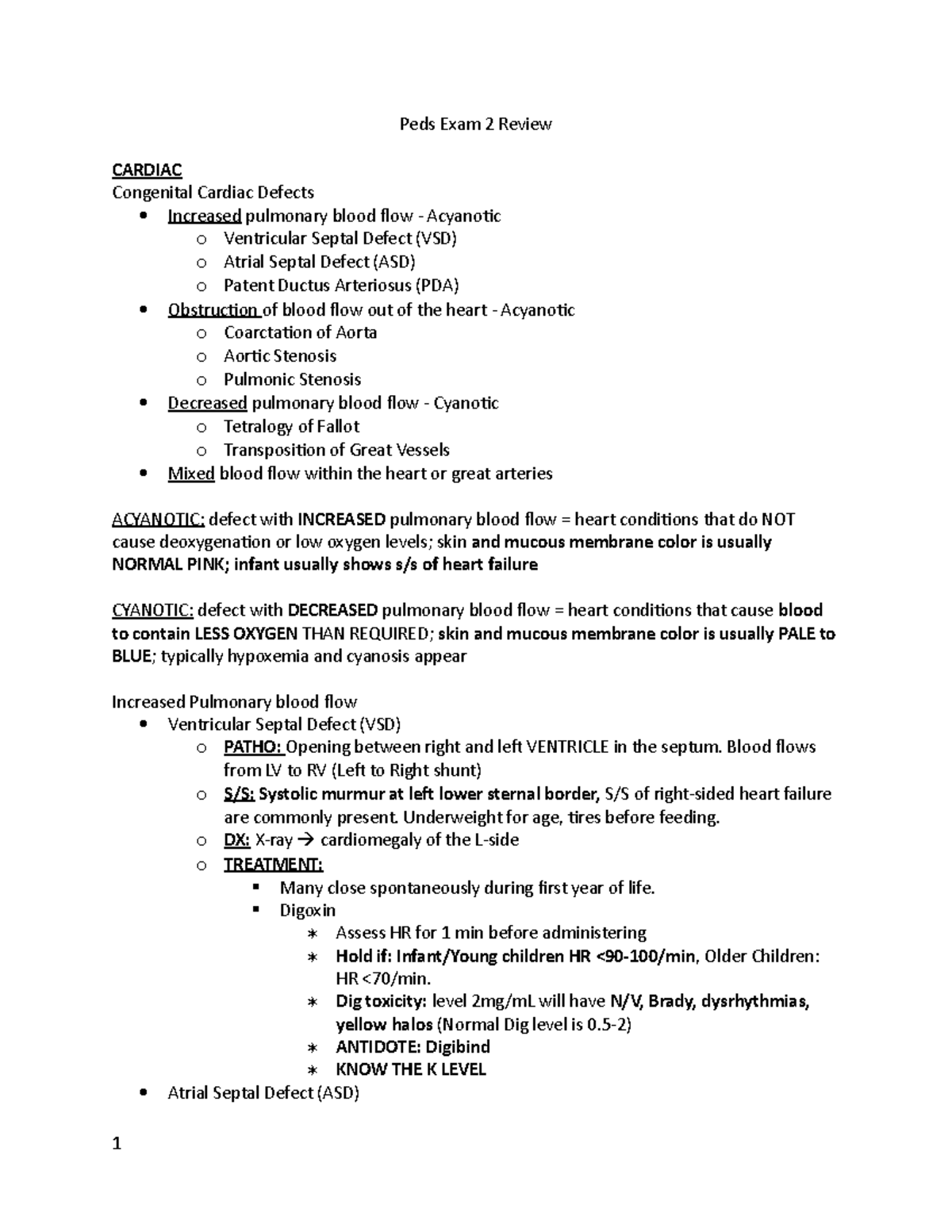 Peds Exam 2 Review - Lecture notes Unit 2 - Peds Exam 2 Review CARDIAC ...
