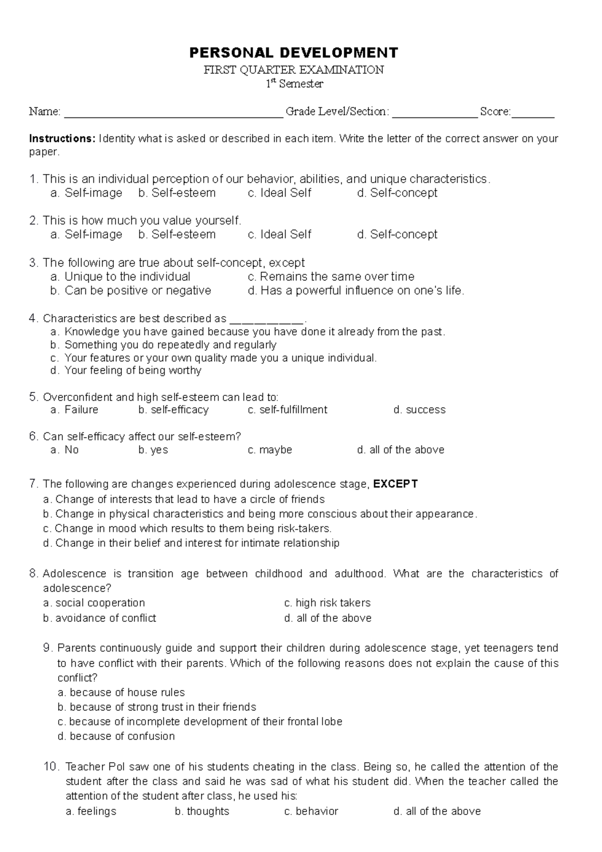 Q1-Exam WOheader - First Quarter Assessment - PERSONAL DEVELOPMENT ...