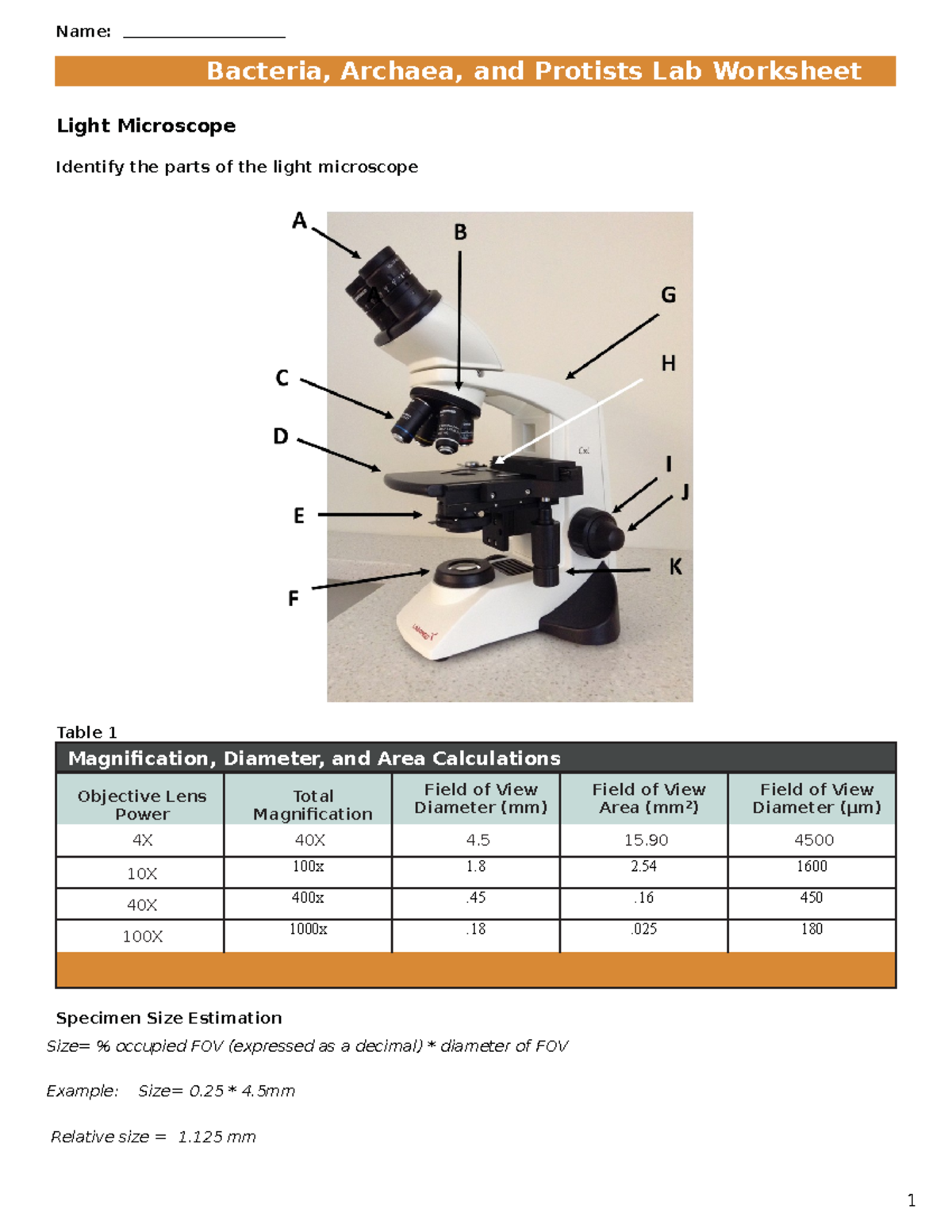 Bio18202 Second lab Light Microscope Identify the parts of the light microscope Table 1