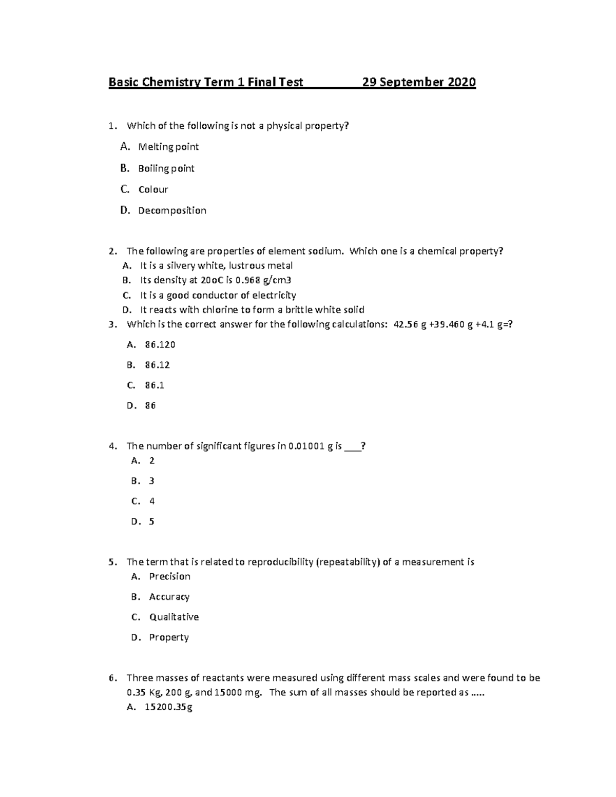 Basic Chemistry TERM 1 Final Final TEST -whatsaap - Basic Chemistry ...