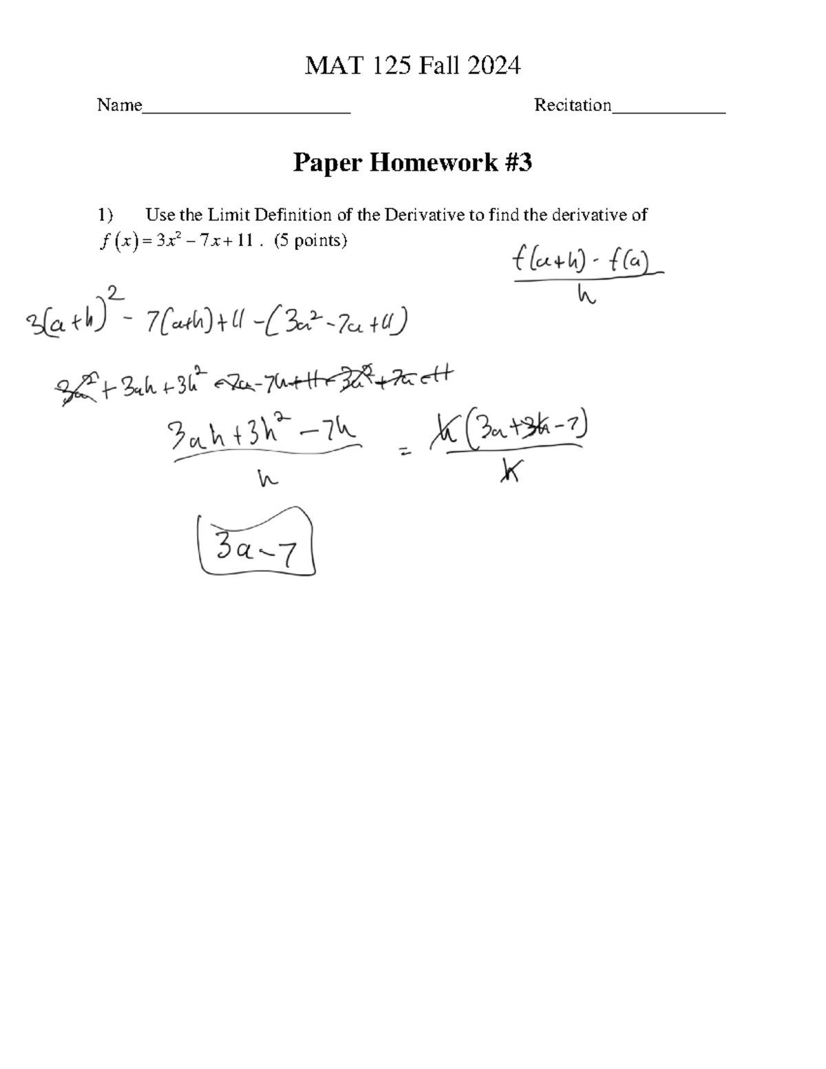 Paper Homework #3 for MAT 125 Fall 2024 - MAT 125 - MAT 125 Fall 2024 ...