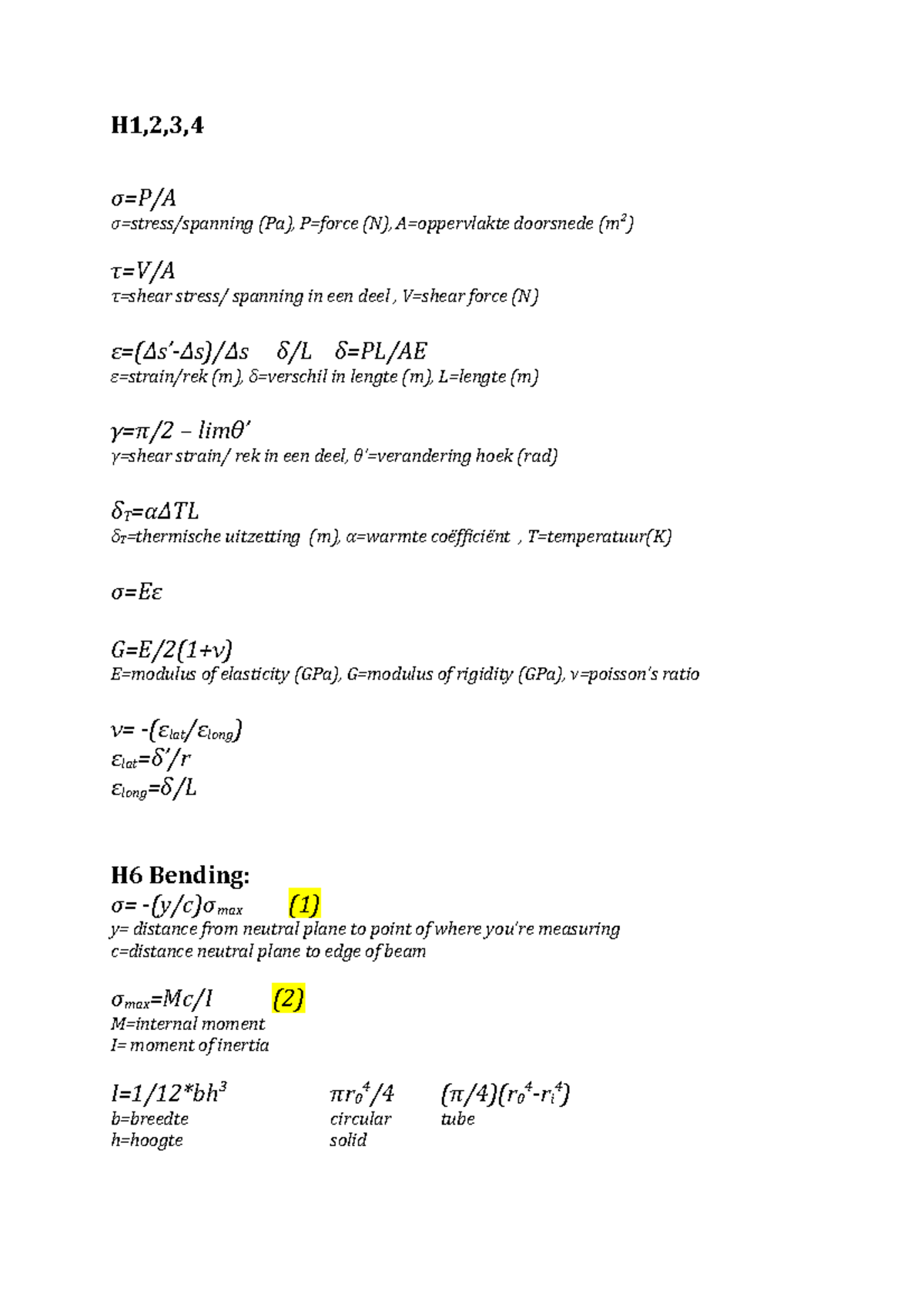 Samenvatting College 1 20 Sterkteleer H1 Stress Spanning Pa Force Oppervlakte Doorsnede Shear Stress Spanning In Een Deel Shear Force Pl Ae Strain Rek Studeersnel