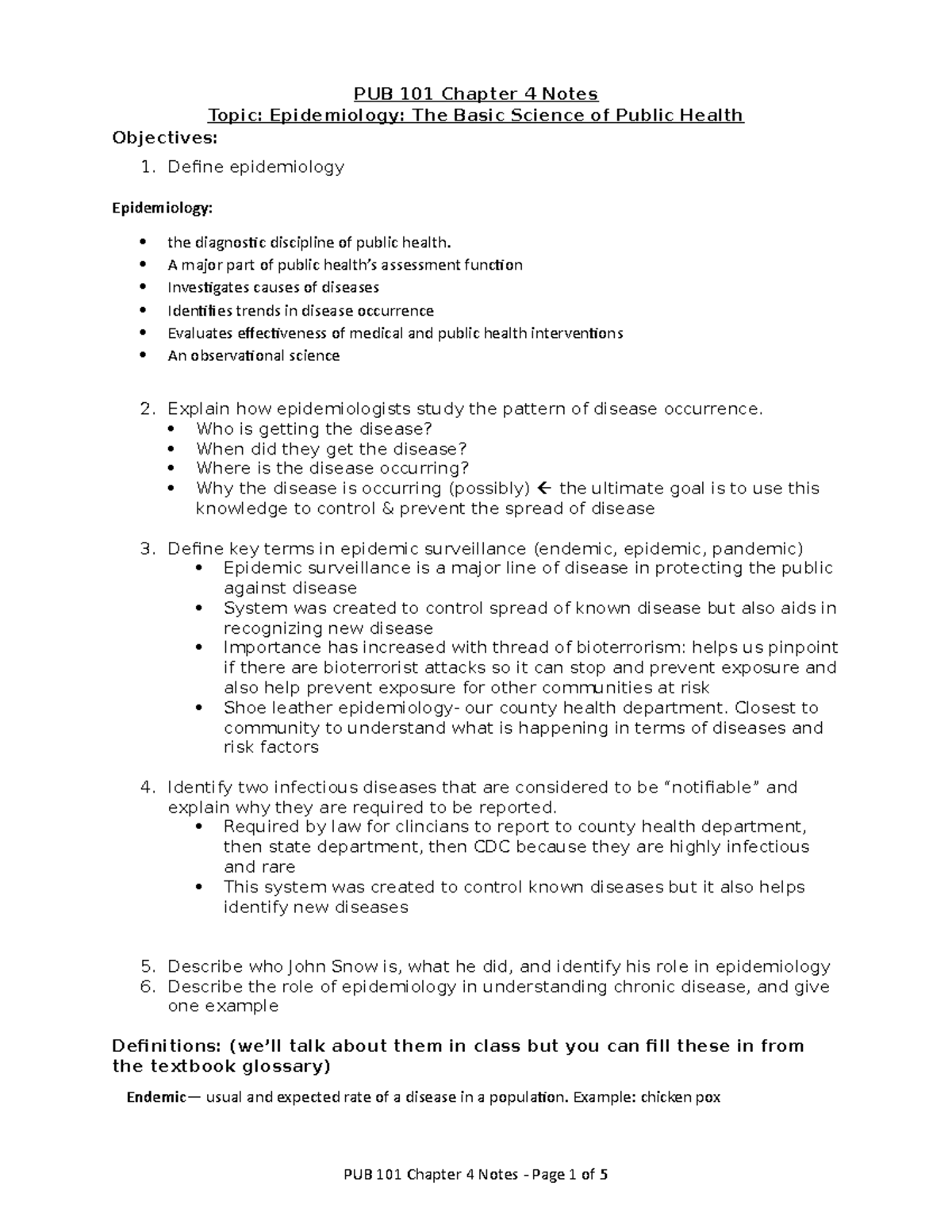 Pub health chapter 4 - PUB 101 Chapter 4 Notes Topic: Epidemiology: The ...