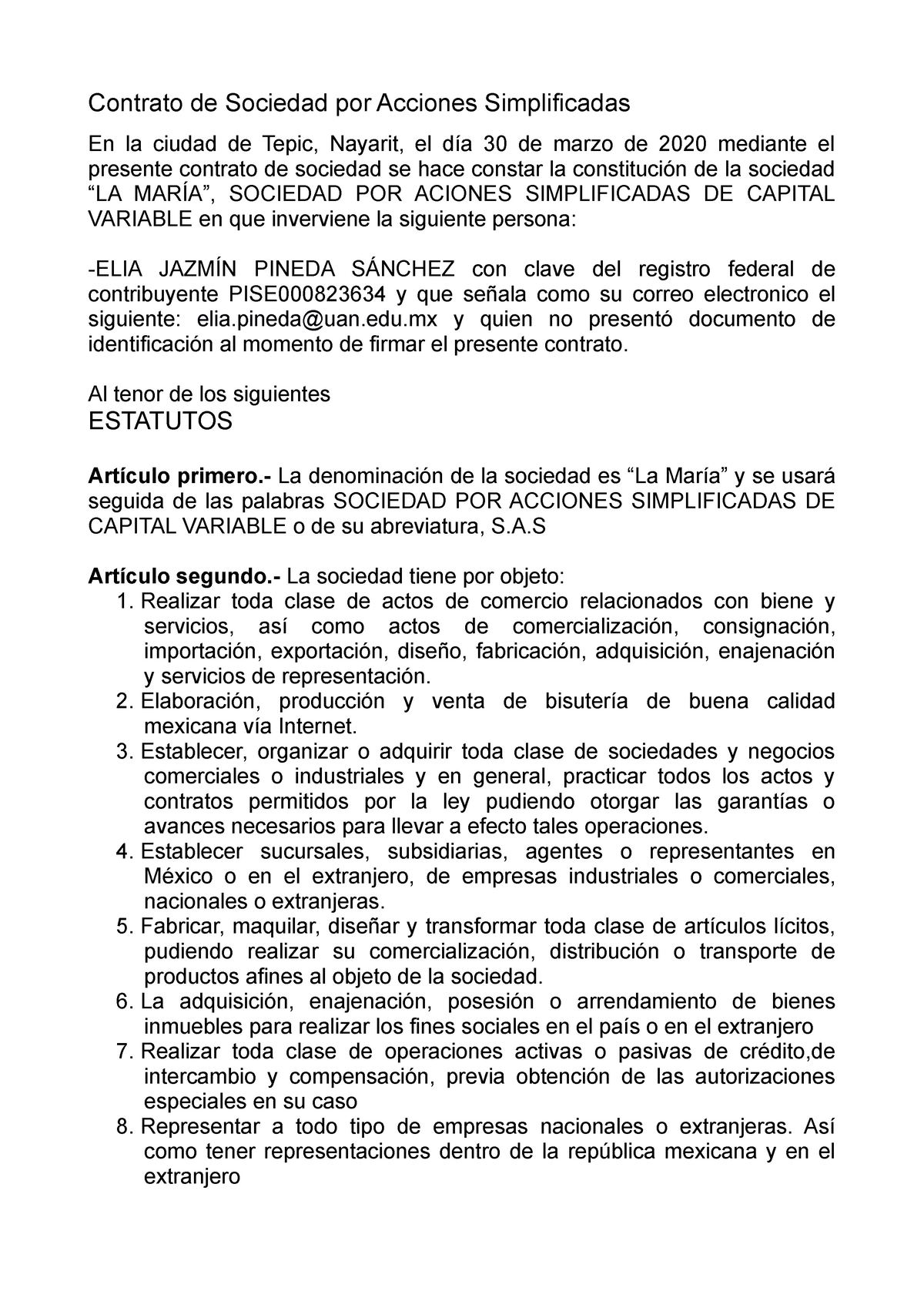 Ejemplo De Acta Constitutiva De Una Sociedad Por Acciones Simplificadas