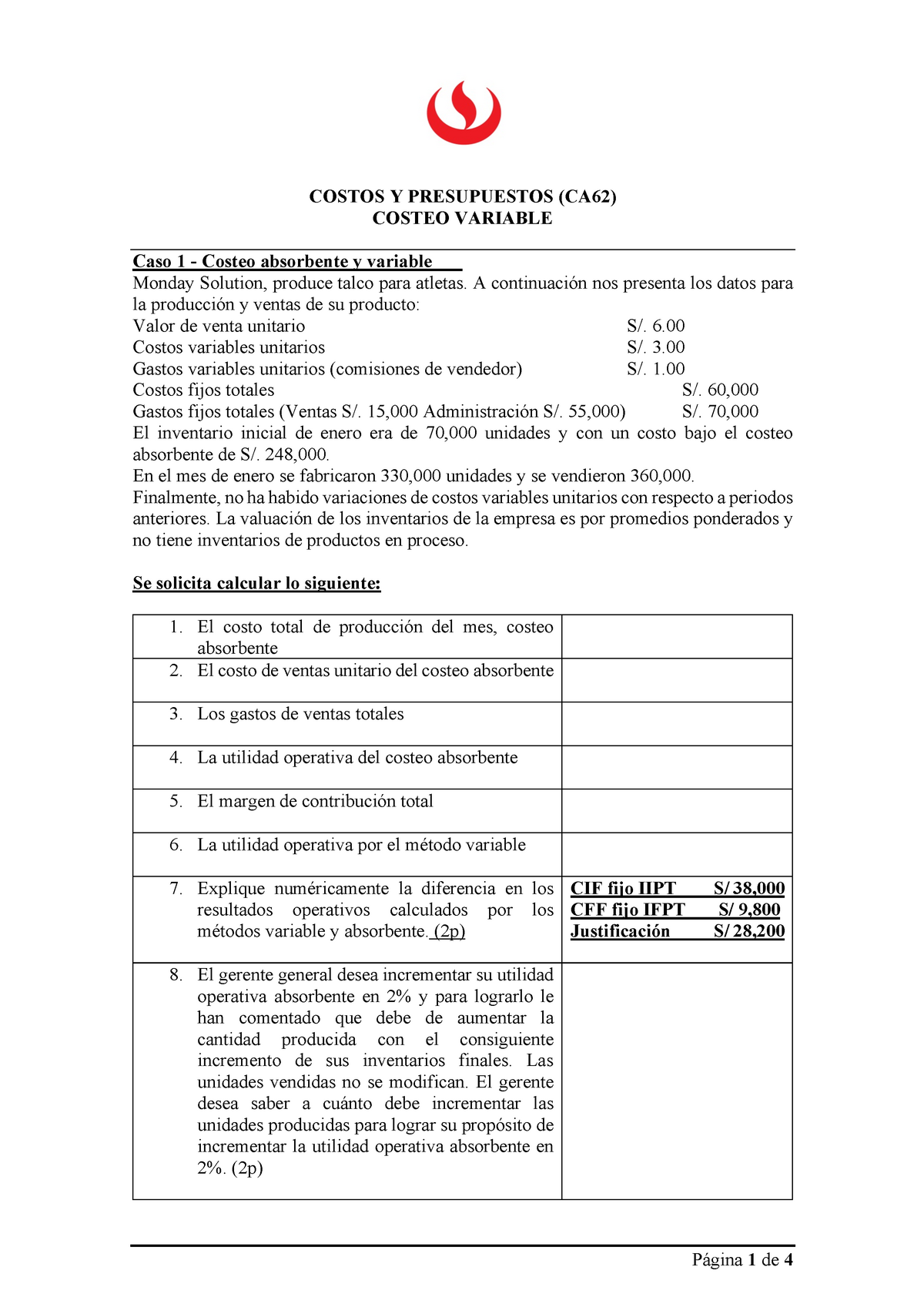 Costeo Variable Y Absorbente Costos Y Presupuestos Ca62 Costeo Variable Caso 1 Costeo 0423