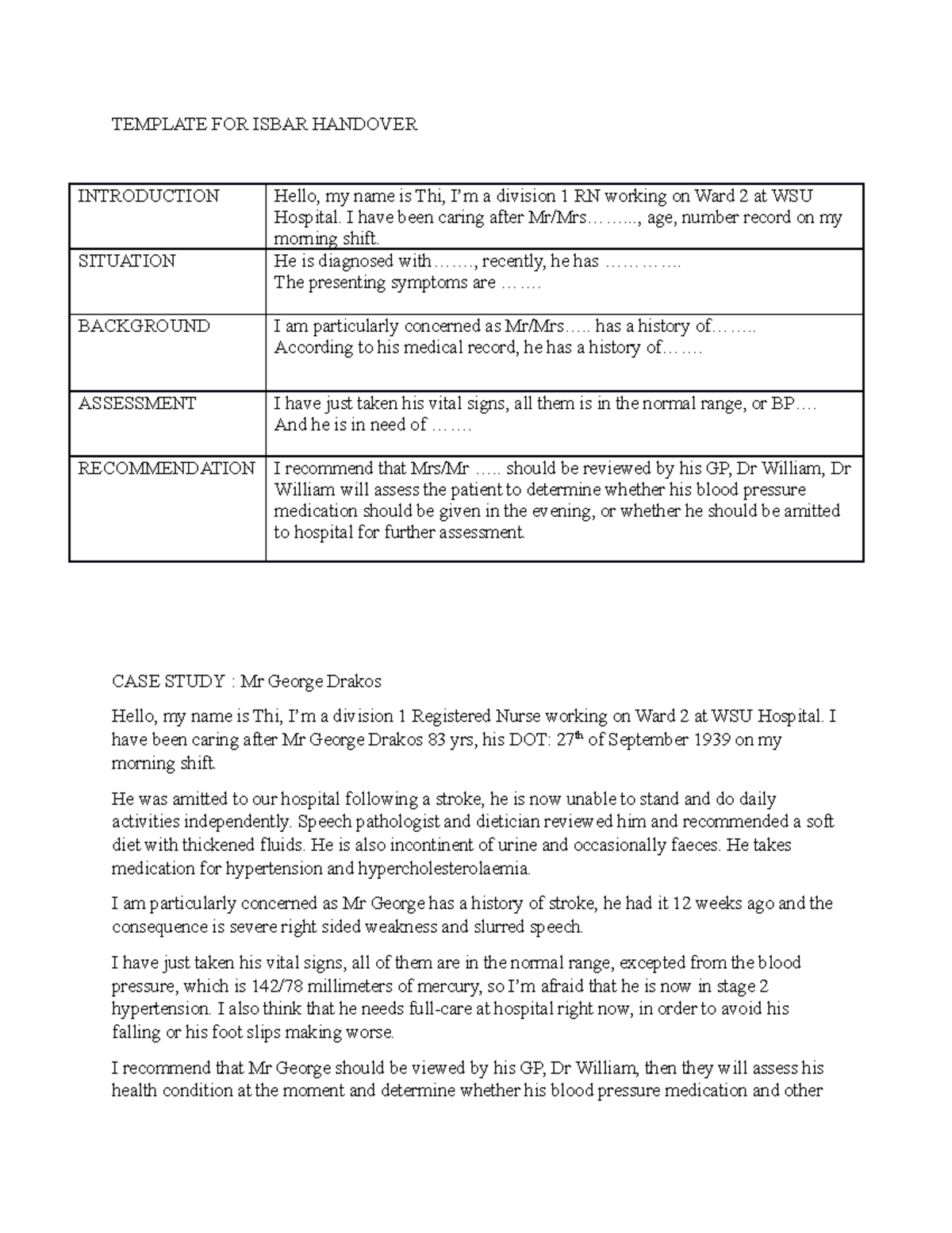 Template FOR Isbar Handover - TEMPLATE FOR ISBAR HANDOVER INTRODUCTION ...