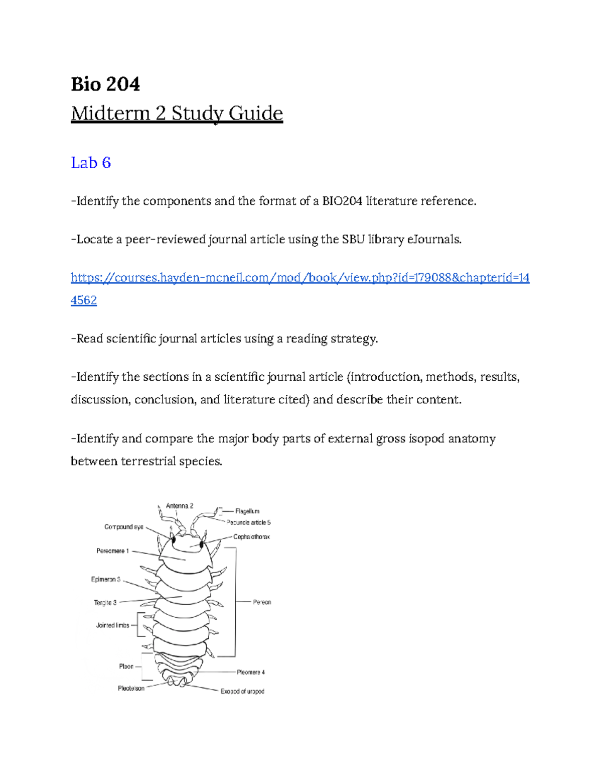 Bio 204 Midterm 2 Study Guide - Bio 204 Midterm 2 Study Guide Lab 6 ...