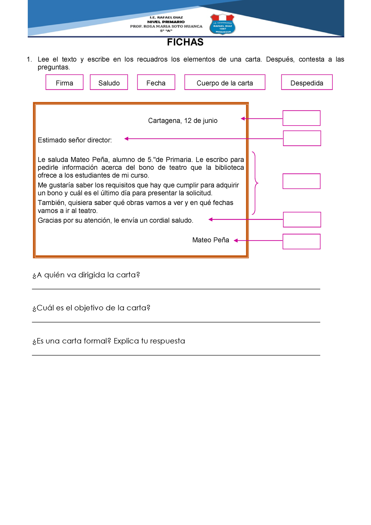 Ficha Practica 20.06.22 - FICHAS Lee El Texto Y Escribe En Los ...