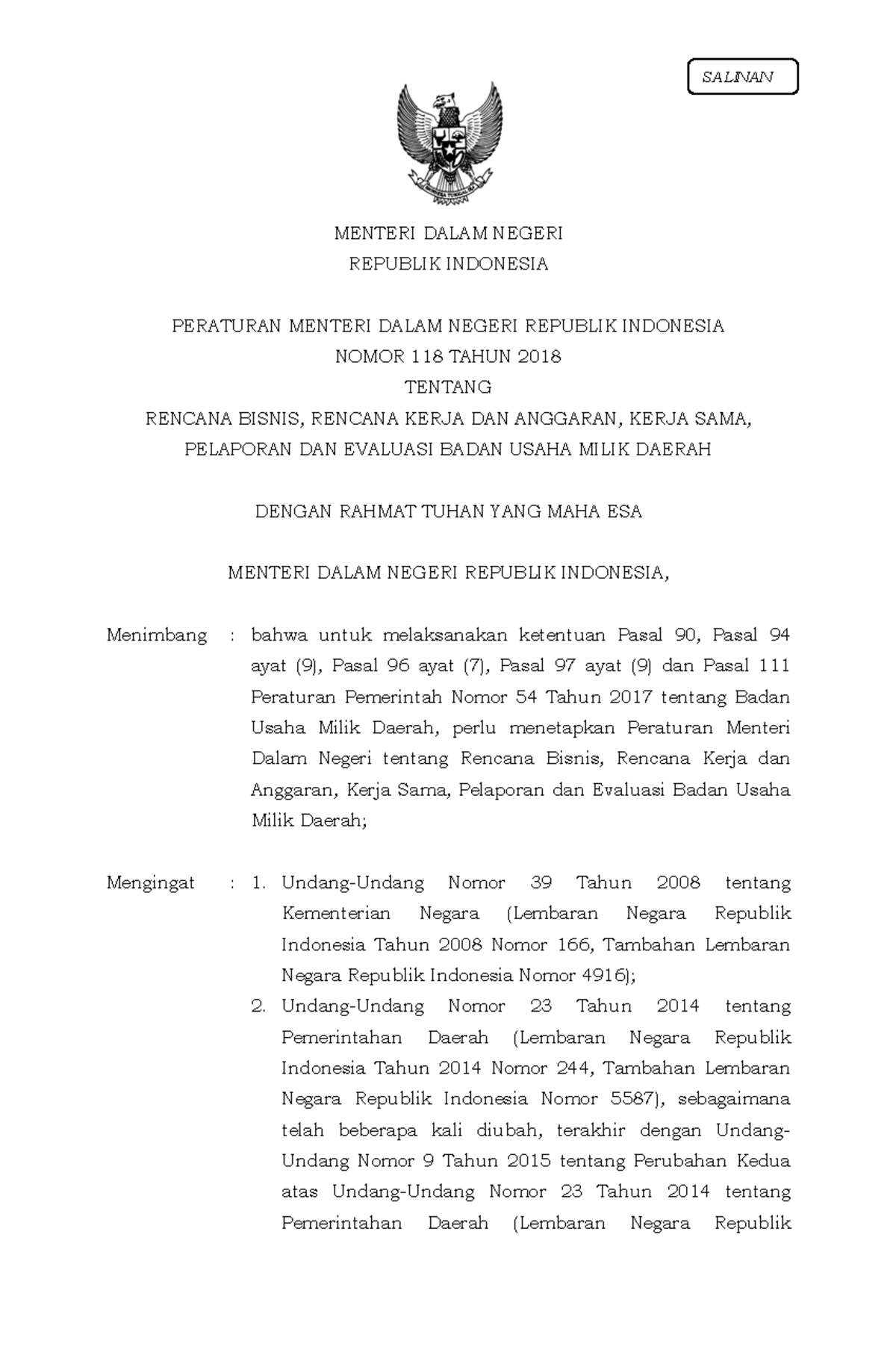 Permendagri-118-2018 - MENTERI DALAM NEGERI REPUBLIK INDONESIA ...