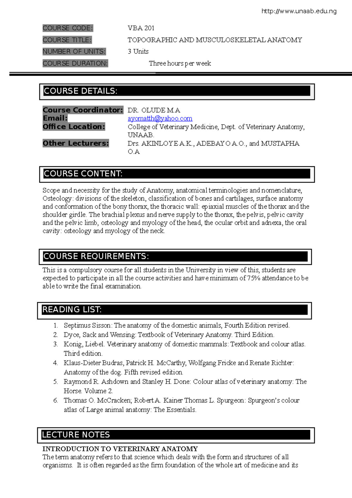 T3 Opographic AND Musculoskeletal Anatomy - COURSE CODE: VBA 201 COURSE ...