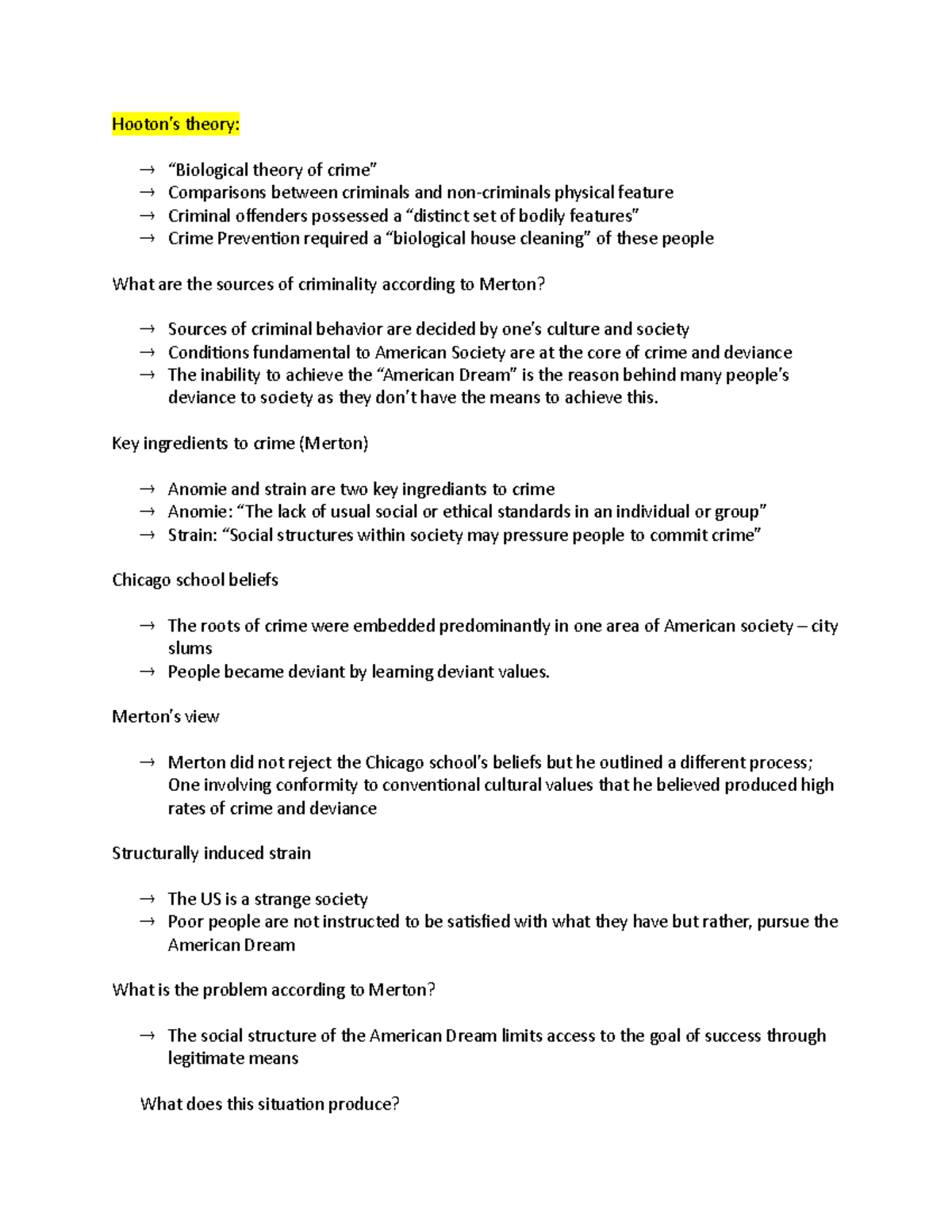 CC100 midterm review - Hooton’s theory: “Biological theory of crime ...