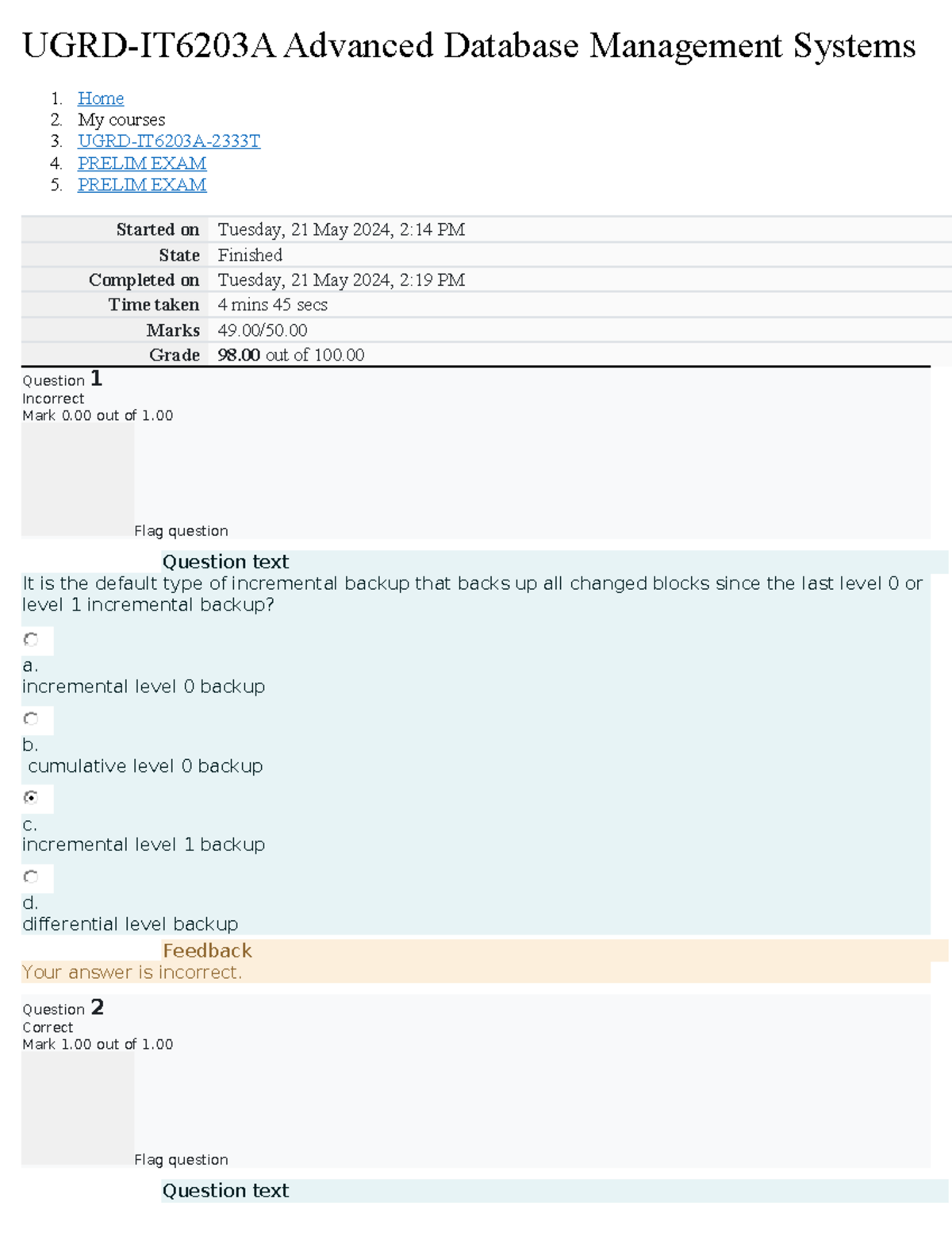 Advance Database - Answer key - UGRD-IT6203A Advanced Database ...