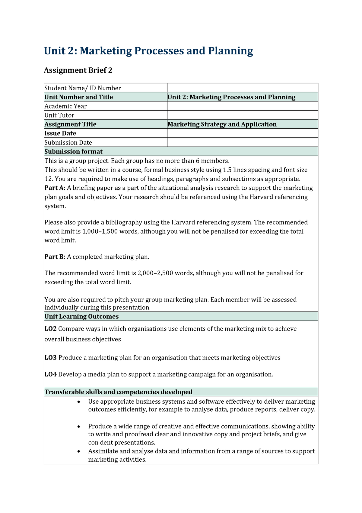 marketing processes and planning assignment
