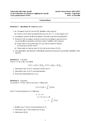 Td 1 TD resume la topologie sur un espace metrique UNIVERSITE IBN