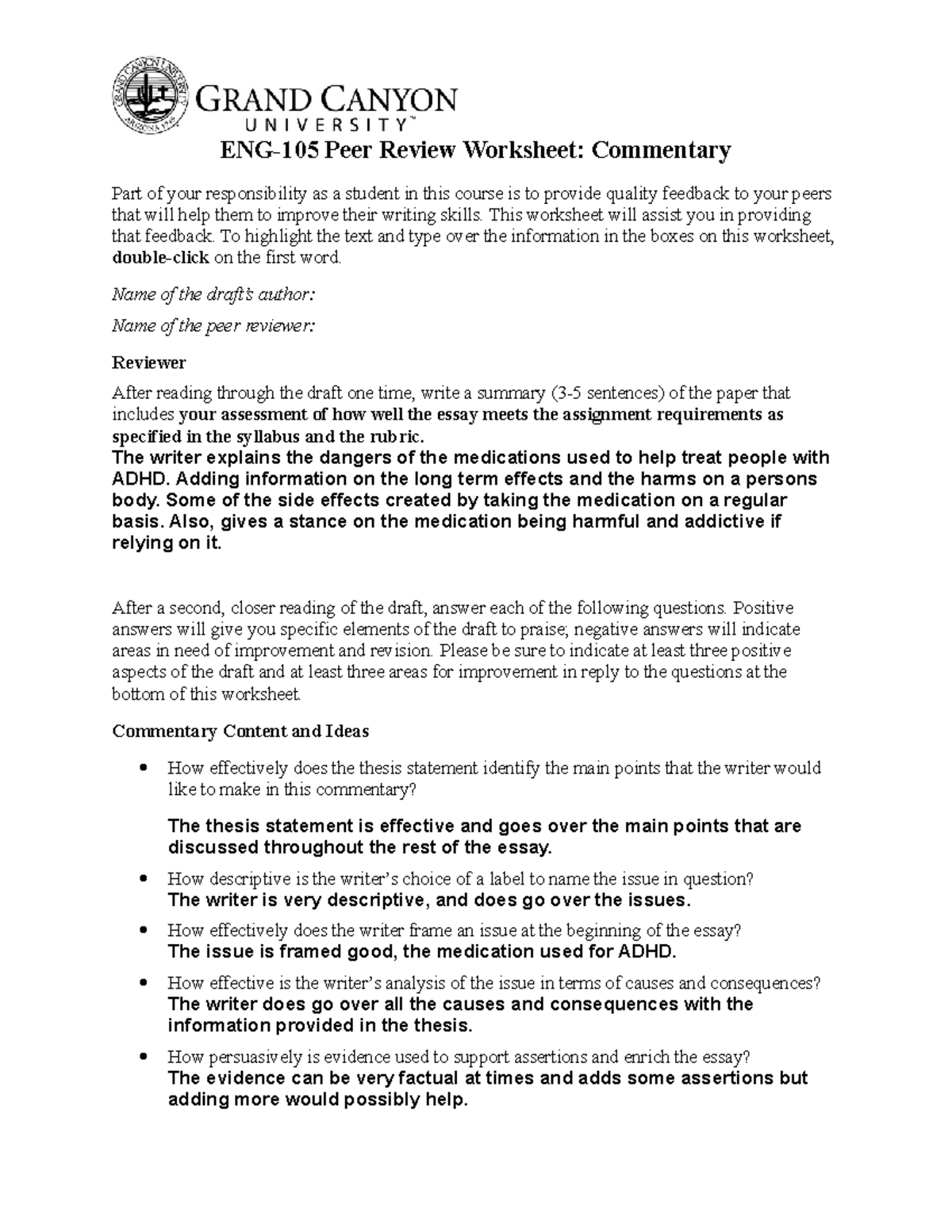 Commentary Peer Review ENG105 Peer Review Worksheet Commentary Part