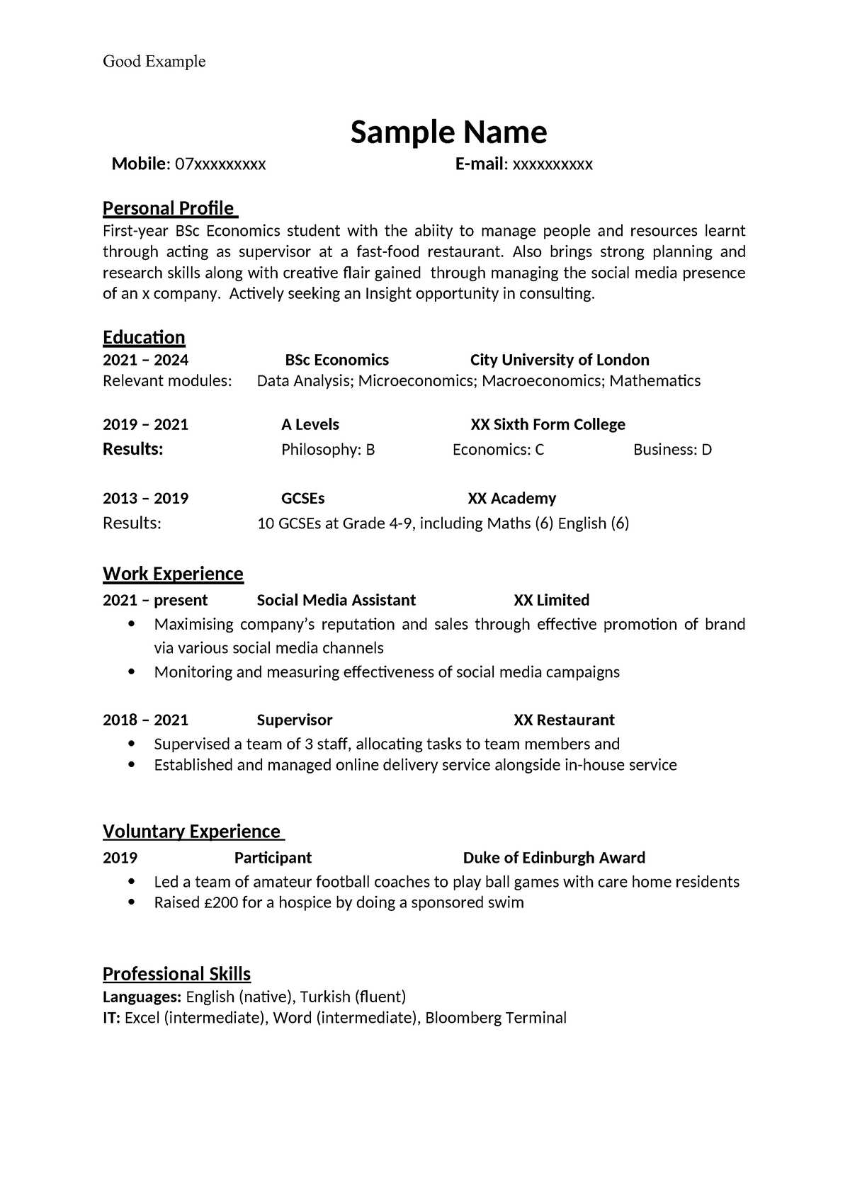 CV Good Example - Good Example Sample Name Mobile: 07xxxxxxxxx E-mail ...