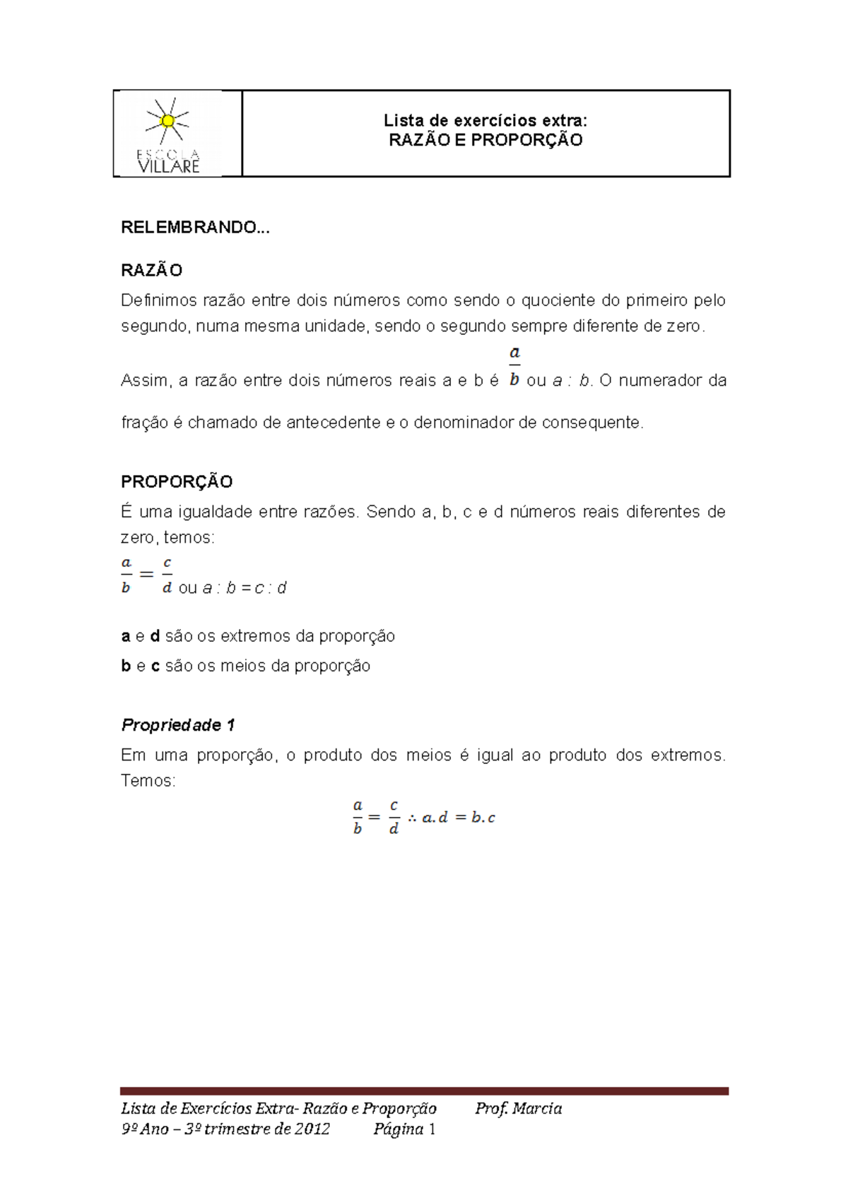 Lista De Exercícios Extra Razão E Proporção Lista De Exercícios Extra