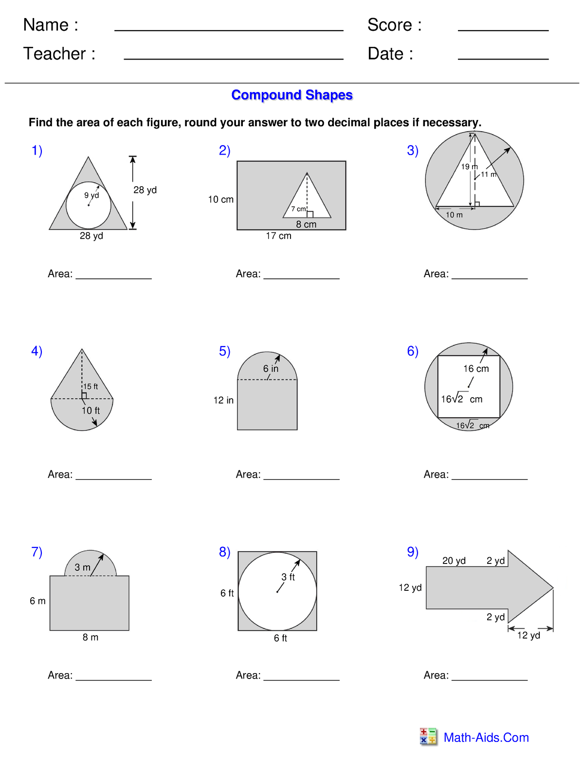 Area of the Shaded Region 3 - Name : Teacher : Date : Score : Math-Aids ...