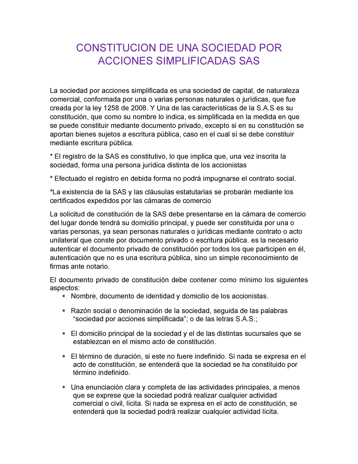 Constitucion De Una Sociedad Por Acciones Simplificadas Sas