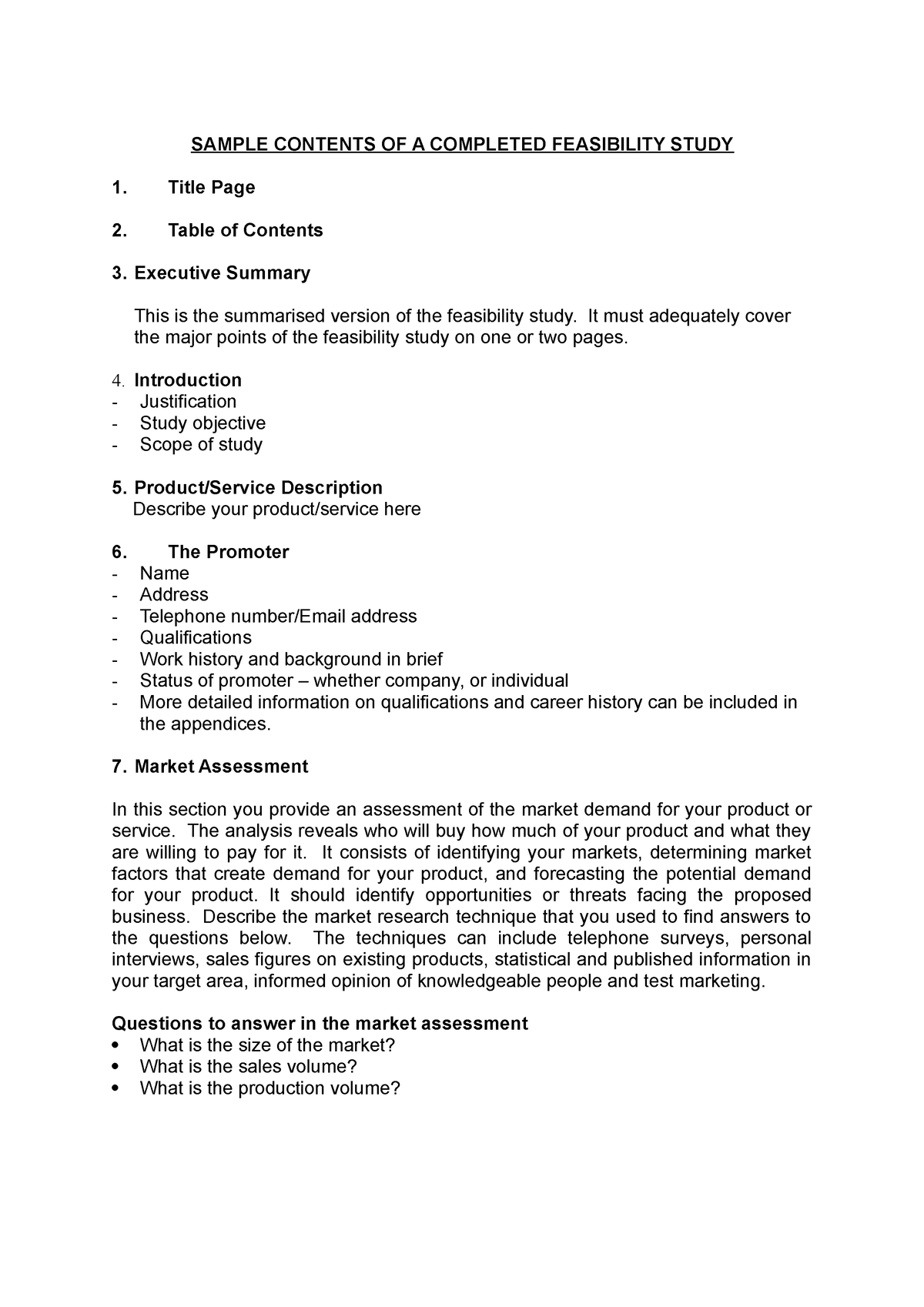 Sample contents of a completed Feasibility Study - SAMPLE CONTENTS OF A ...