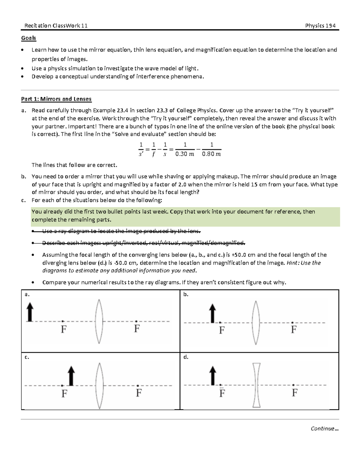 RCW11 - Lecture notes 11 - Recitation ClassWork 11 Physics 194 Goals ...