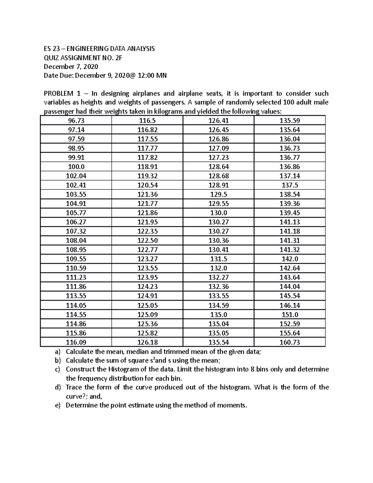 ES 23 QUIZ - ES23 Engineering Data Analysis - ES 23 – ENGINEERING DATA ...