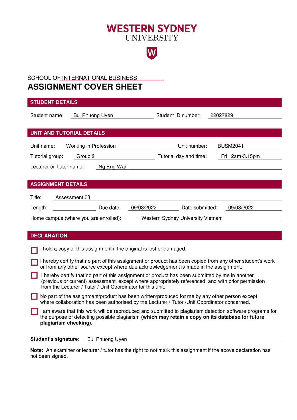 ucc assignment cover sheet