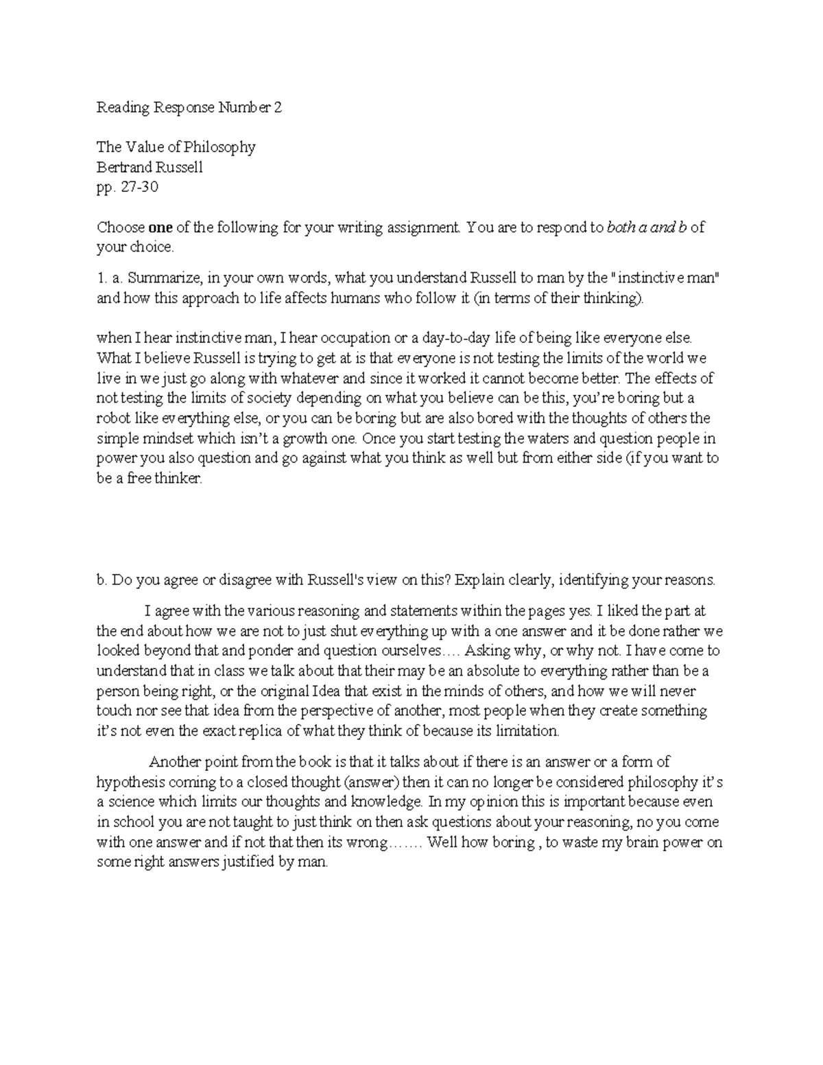 Philosophy+Reading+Response+Number+2 - Reading Response Number 2 The ...