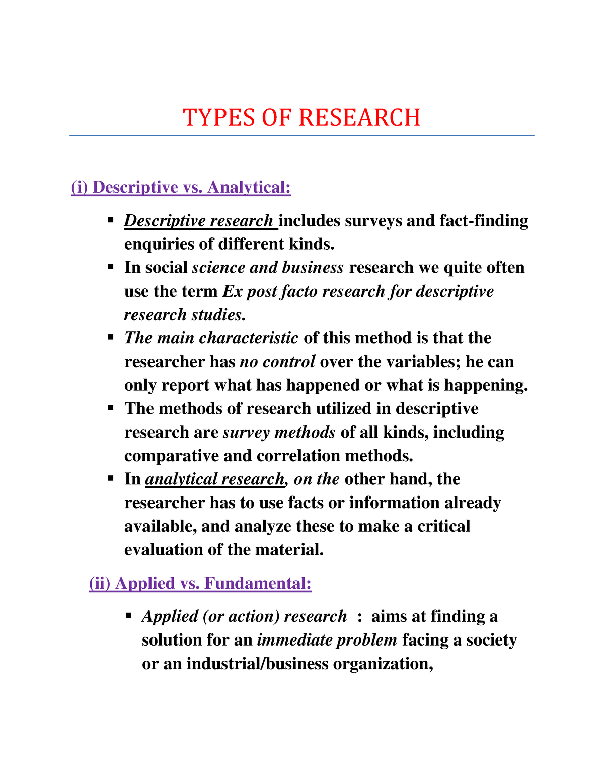 applied research vs descriptive research
