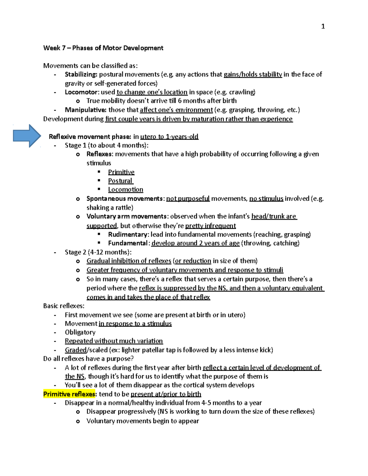 HHP3300 Unit 2 Notes - 1 Week 7 Phases of Motor Development Movements ...