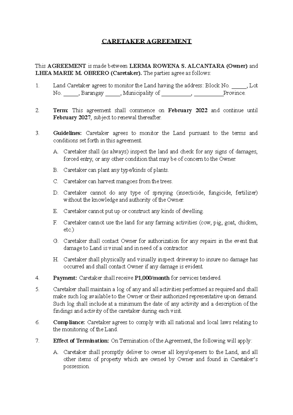 Caretaker Agreement Template