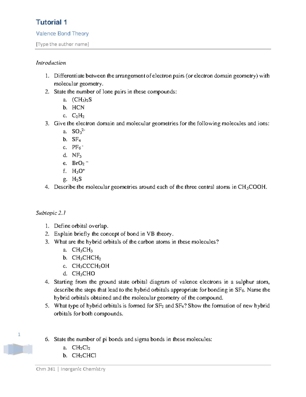 Tutorial 1 CHM361 - Tutorial 1 Valence Bond Theory [Type The Author ...